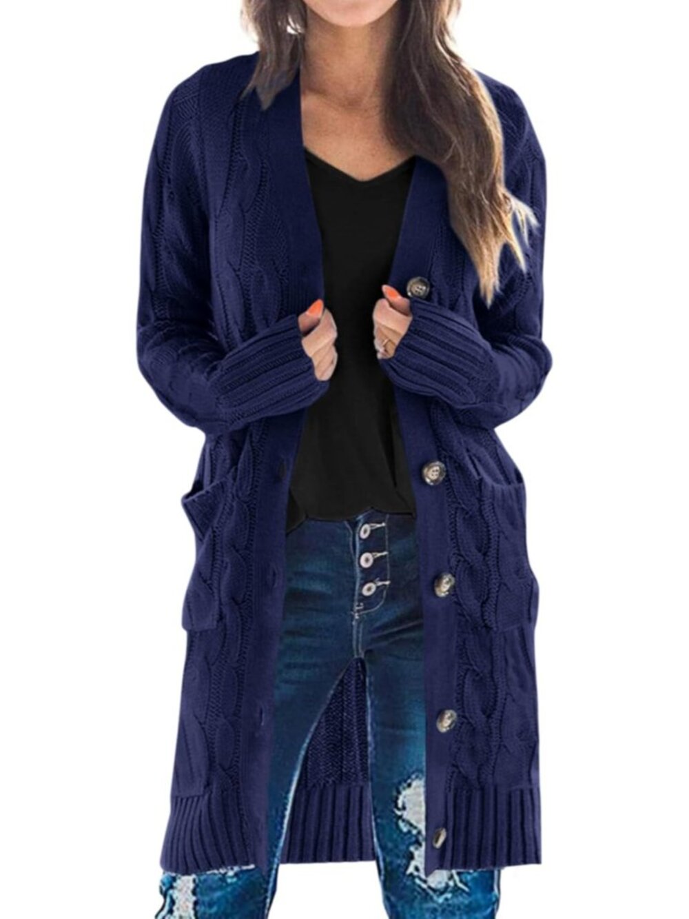 Women's Dark Blue Fall 2026 Long Sleeve Cable Knit Button Cardigan Sweaters